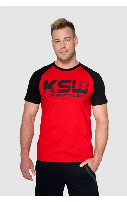 T shirt męski reglan KSW CLASSIC czerwony z czarnymi rękawkami i nadrukiem