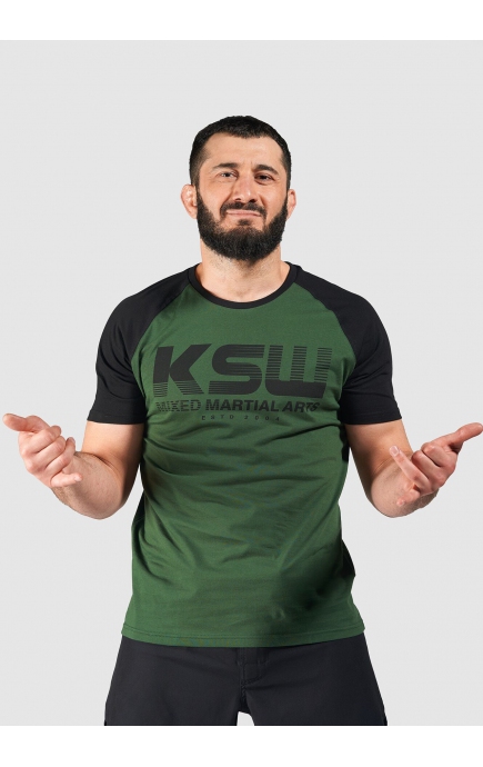 T shirt męski reglan KSW CLASSIC zielony z czarnymi rękawkami i nadrukiem
