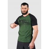 T shirt męski reglan KSW CLASSIC zielony z czarnymi rękawkami i nadrukiem T shirt męski reglan KSW CLASSIC zielony z czarnymi rękawkami i nadrukiem