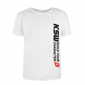T-shirt męski biały KSW CLUB z pionowym czarno-czerwonym nadrukiem