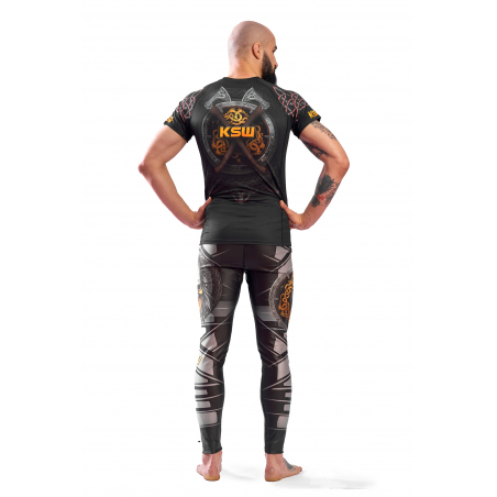Legginsy męskie sportowe KSW MAD VIKING czarne z szarymi i pomarańczowymi wstawkami tył